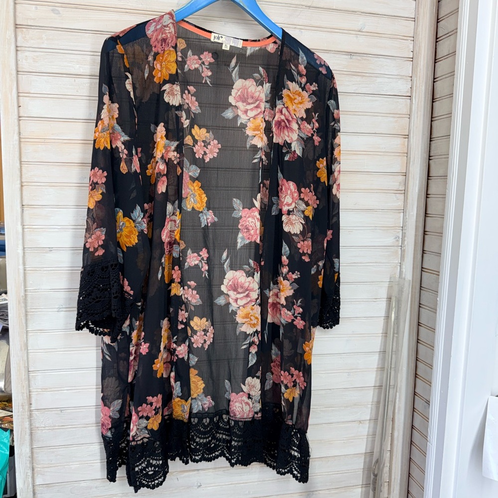 Jolt Sheer Floral Kimono Cover-Up - Black with Pink & Orange Accents XL